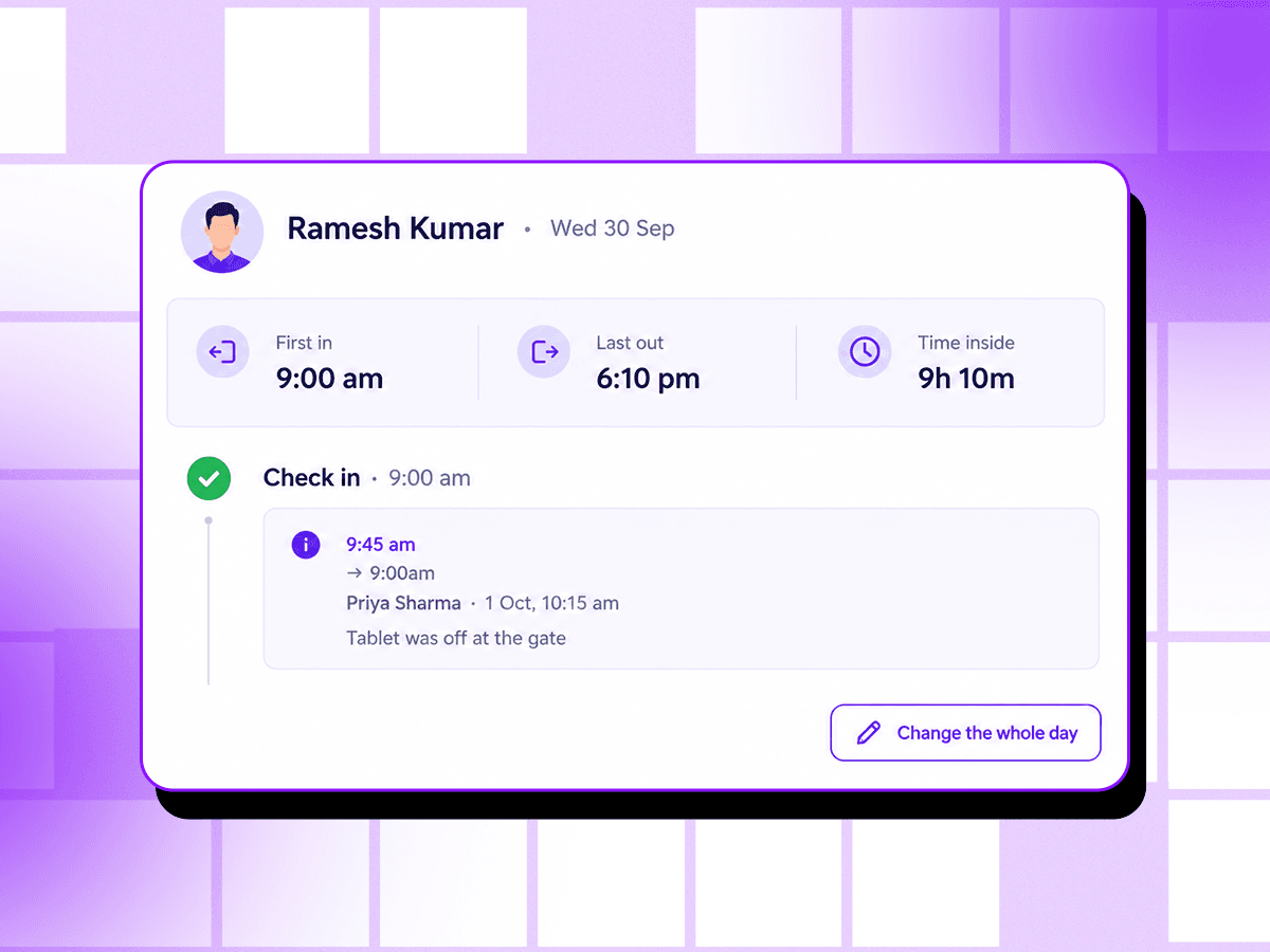 One person's day log, with a check-in corrected from 9:45 to 9:00 am and why