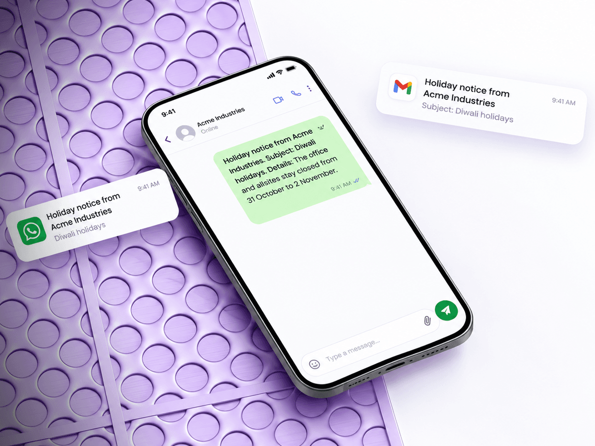 One holiday notice sent three ways: the app, WhatsApp and email