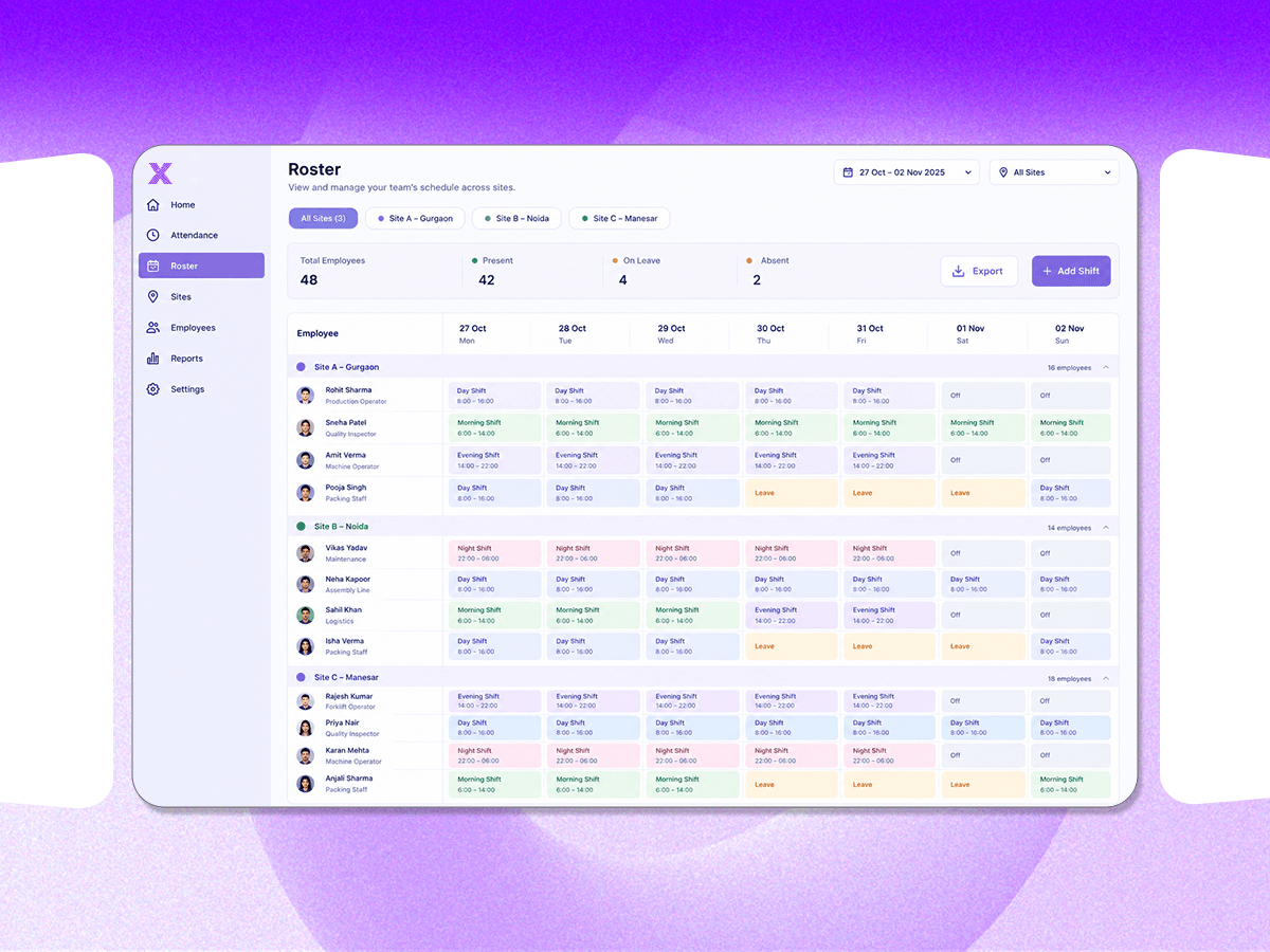 A full week's roster across sites in Timix